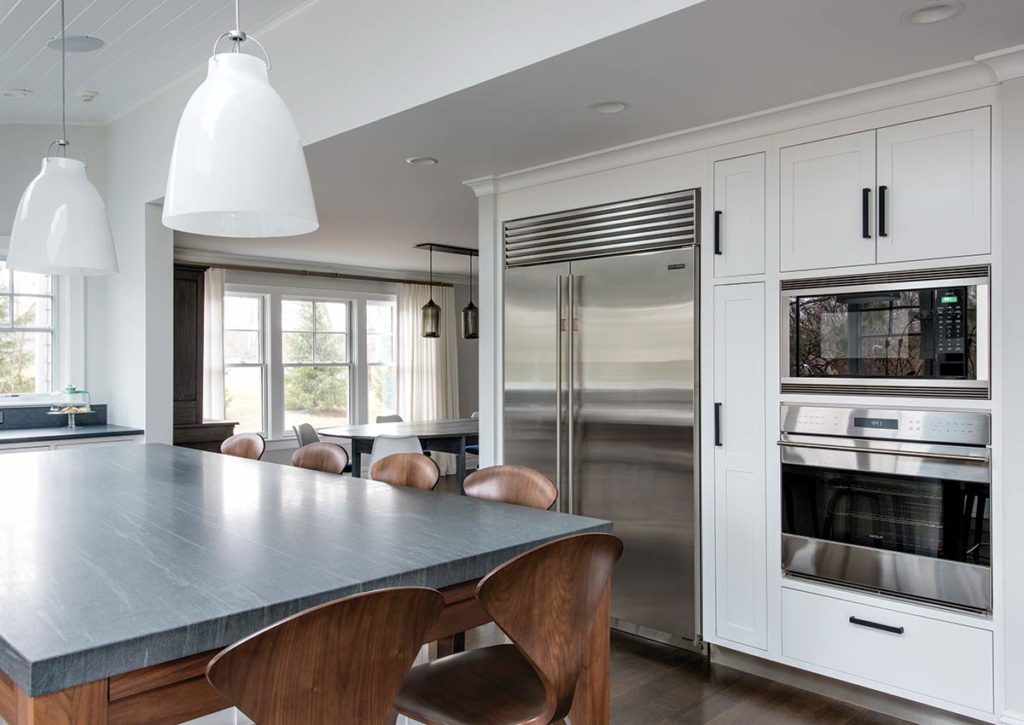 gray white and wood kitchen