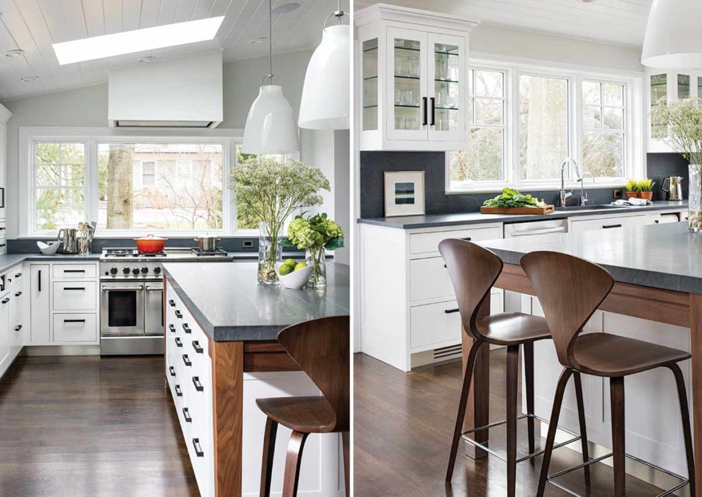 gray white and wood kitchen design