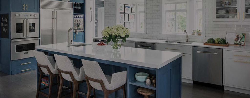 blurred blue and white kitchen