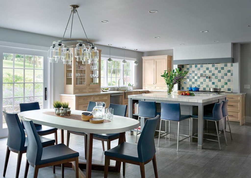 blue and light wood kitchen