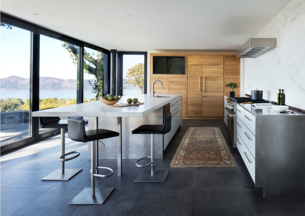 modern kitchen with river views