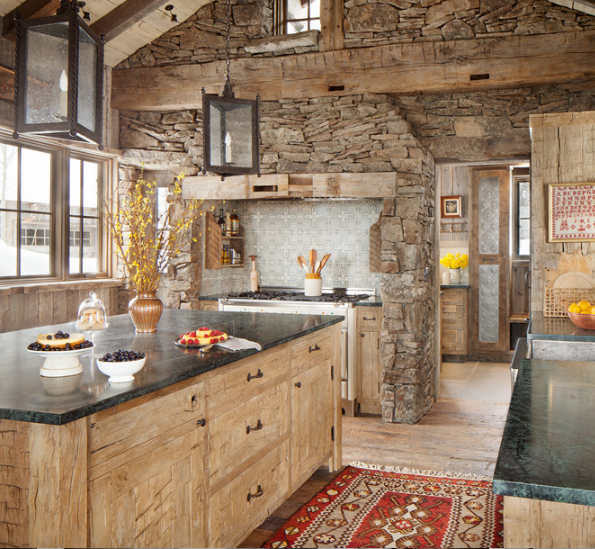 rustic wood kitchen with stone