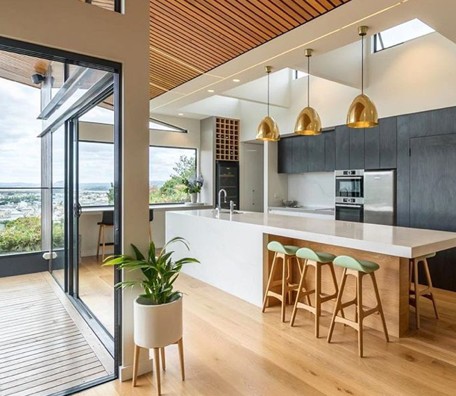 contemporary kitchen with black white and wood