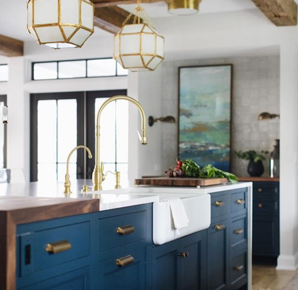 blue kitchen with water scene