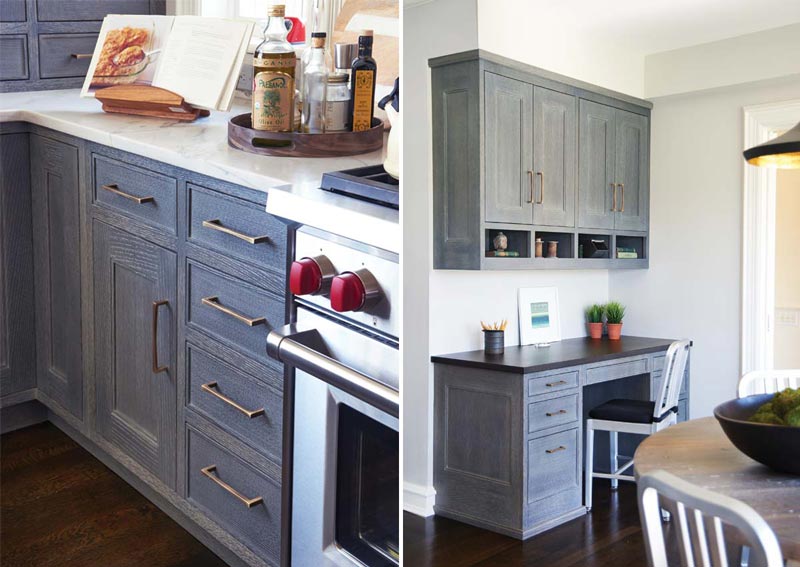 blue and white kitchen and desk