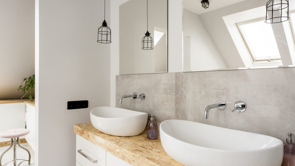 modern bathroom with dual bowl sinks