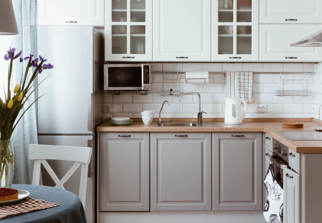 small gray and white kitchen