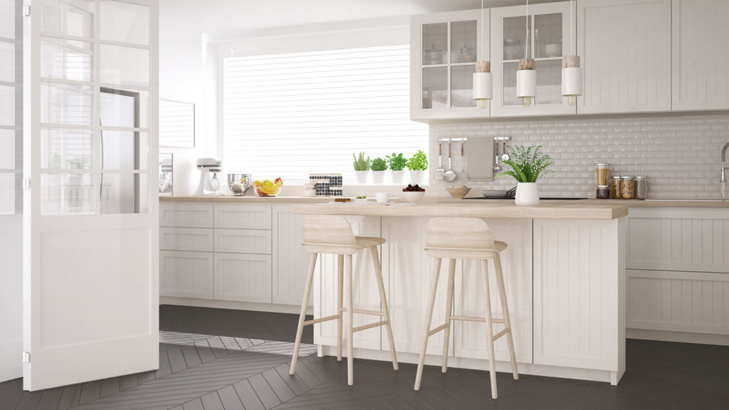 white kitchen with light wood details