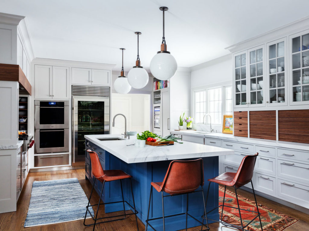 blue and white kitchen with island