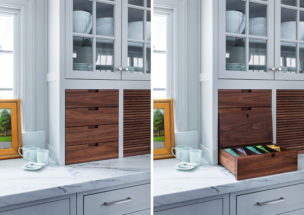 wood drawers in gray kitchen