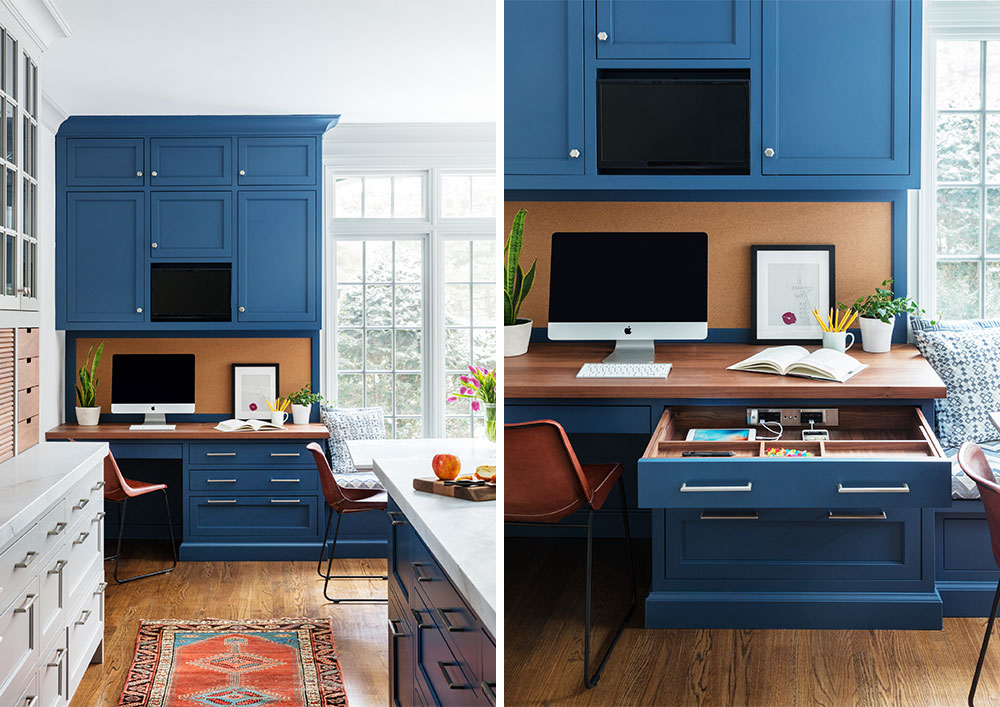 blue desk and cabinets in kitchen