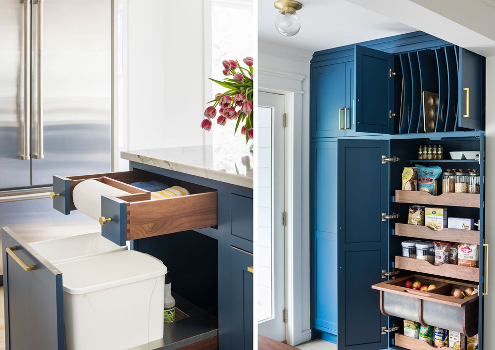 blue kitchen cabinets with storage for garbage and a pantry