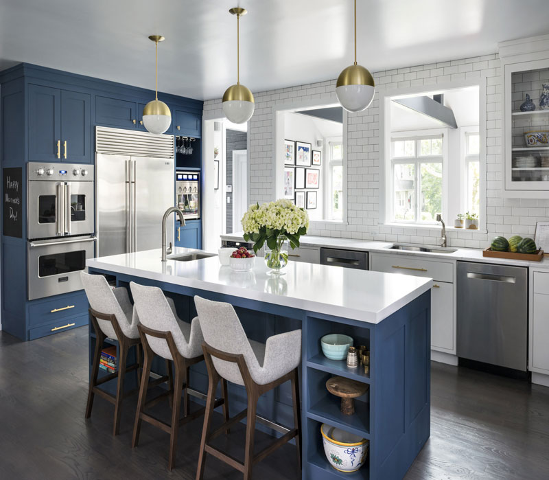 blue and white modern kitchen with island