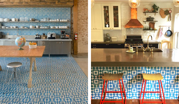 blue and white tiles on kitchen floor island and backsplash