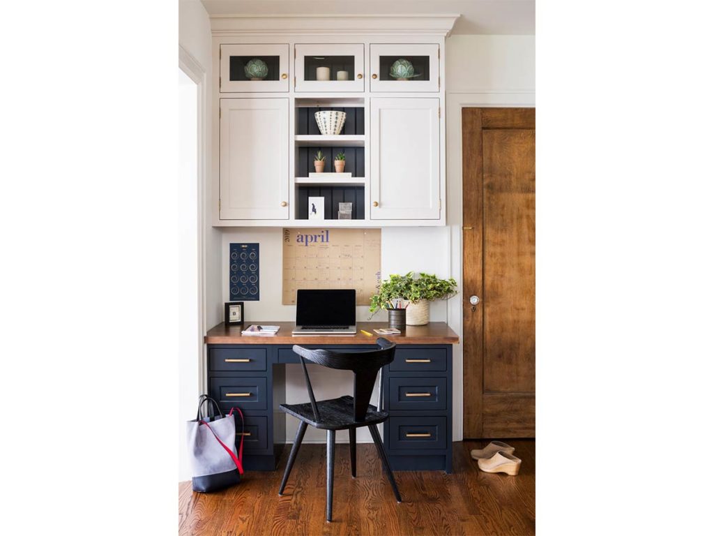 navy and white desk in kitchen