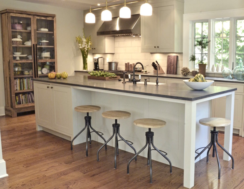 white and black kitchen with large island