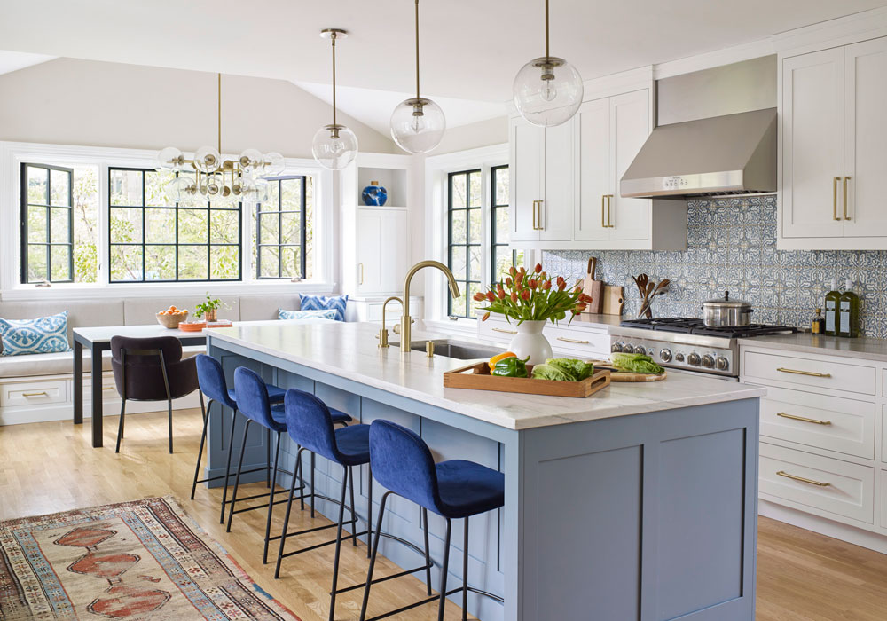 blue and white kitchen with island