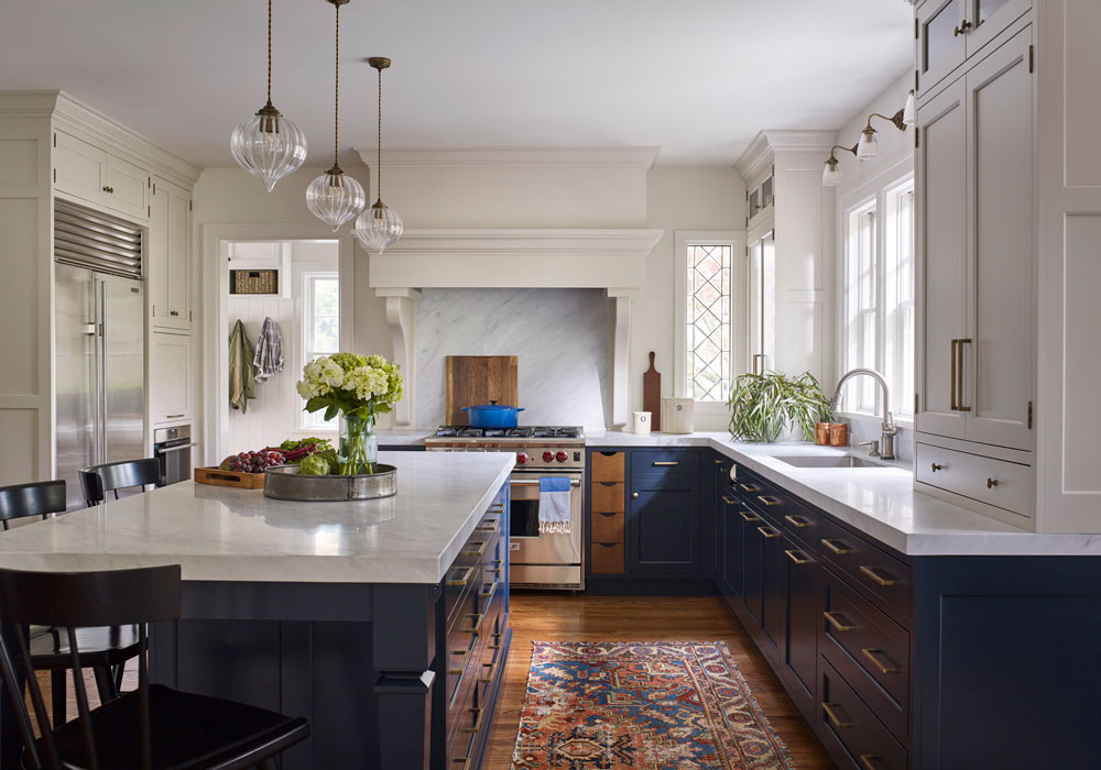 navy and white eclectic kitchen