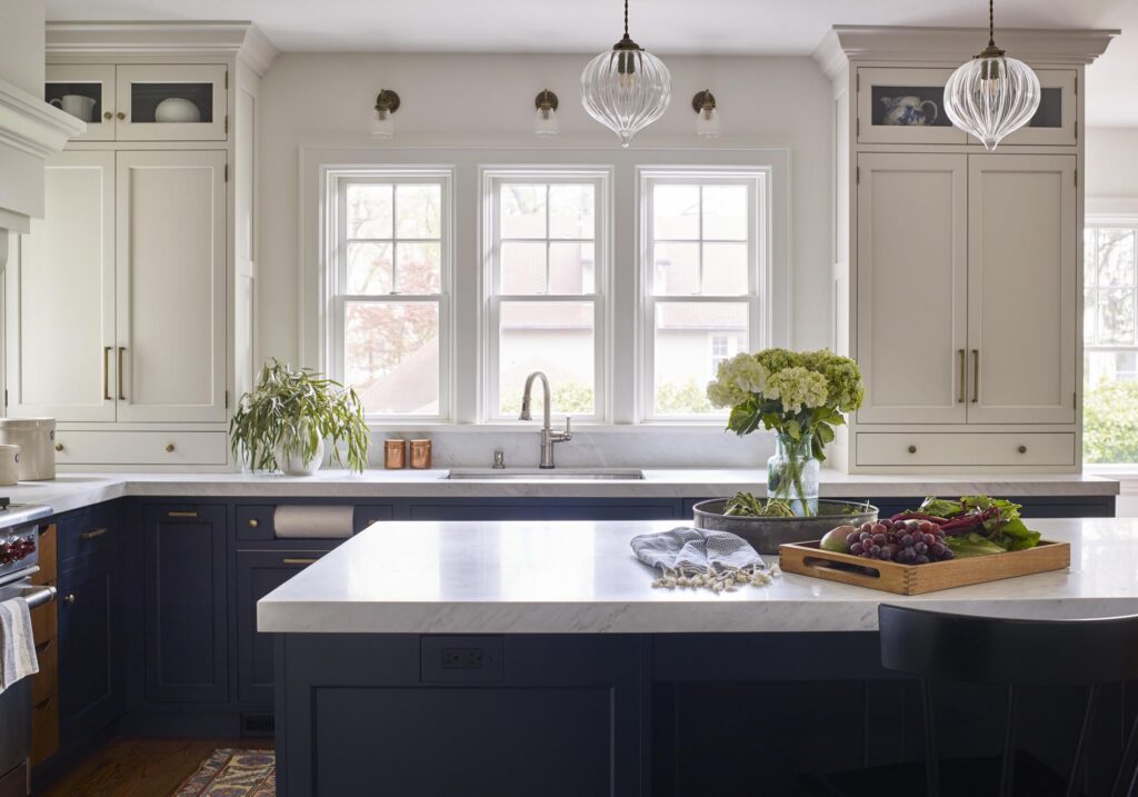 navy and white kitchen with island
