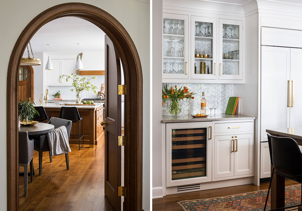 curbed kitchen doorway and white bar