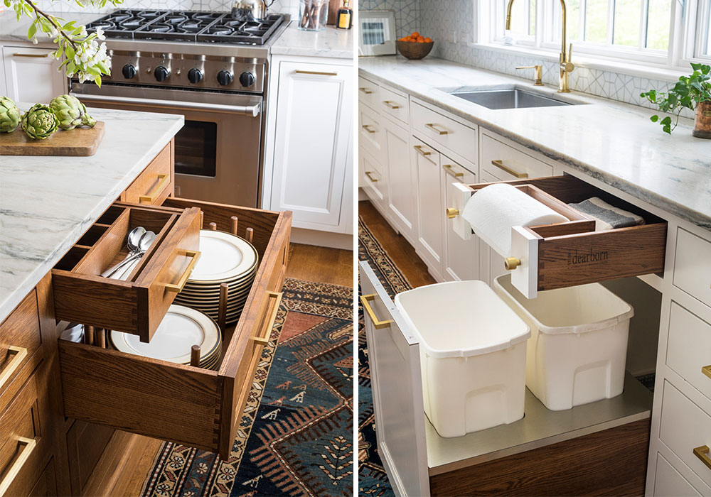 pull out drawers for utensils dishes and garbage and recycling