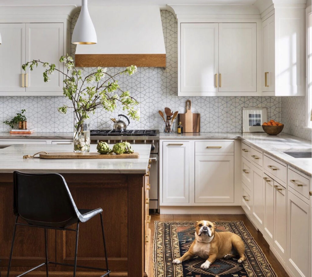 white and wood tudor kitchen with dog