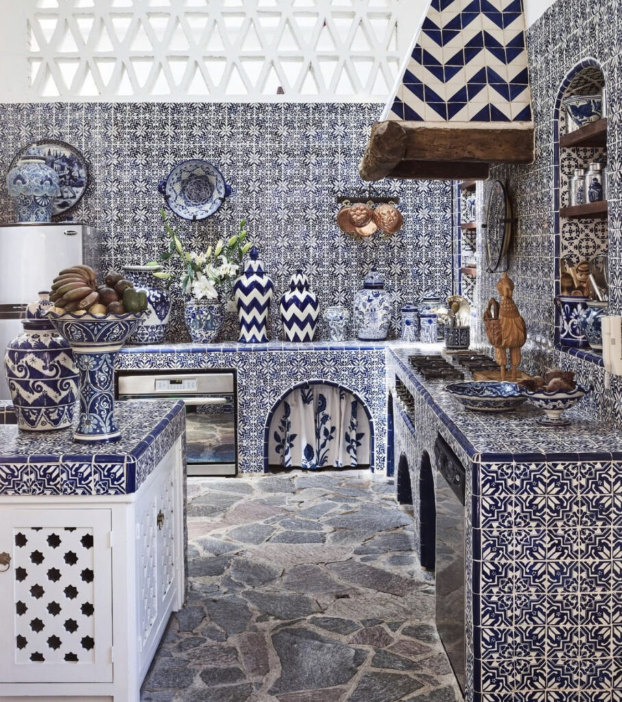 tiled blue and white kitchen