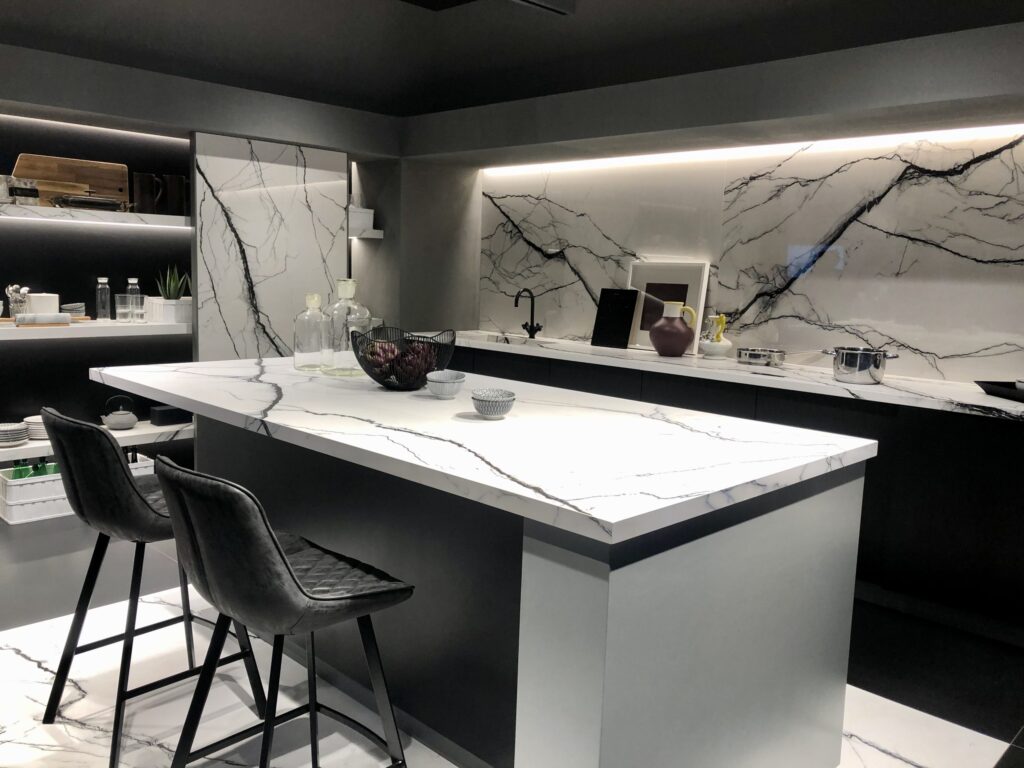 marble island backsplash and door in kitchen
