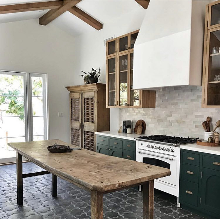 dark green white and wood kitchen
