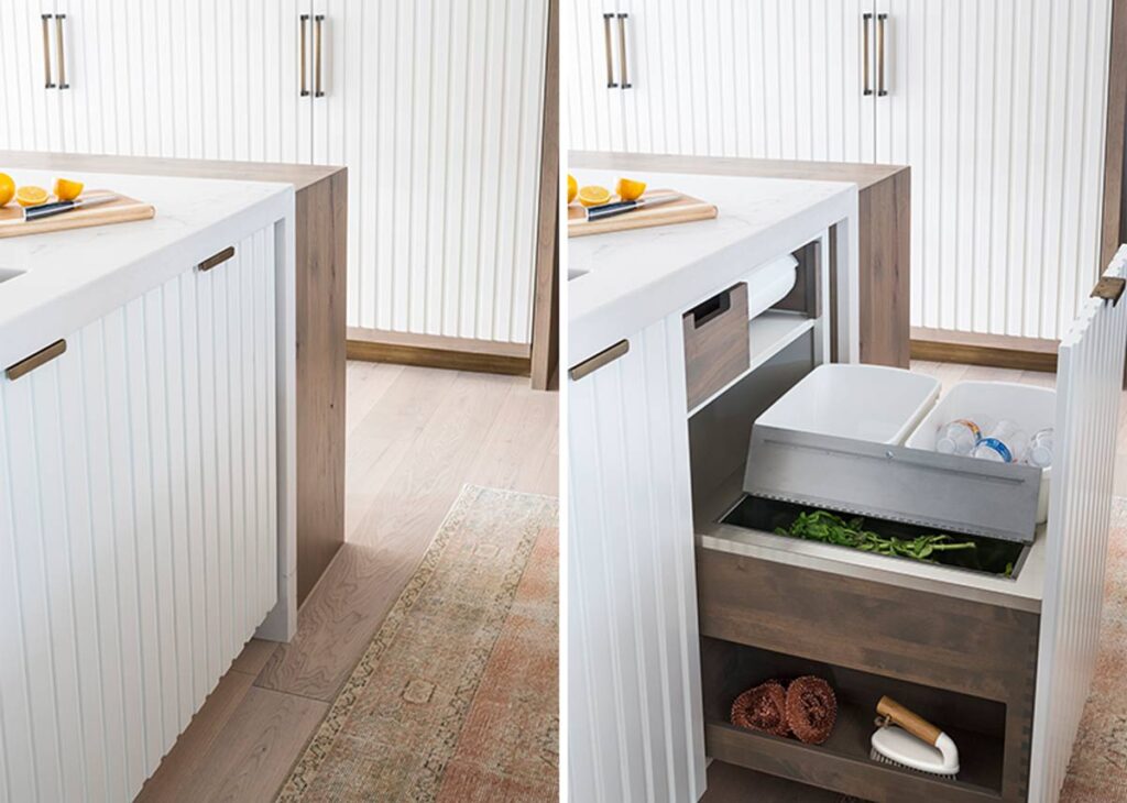 white kitchen cabinet pull out for garbage recycling and compost