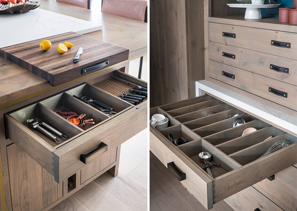 wood kitchen cabinet drawers with utensils