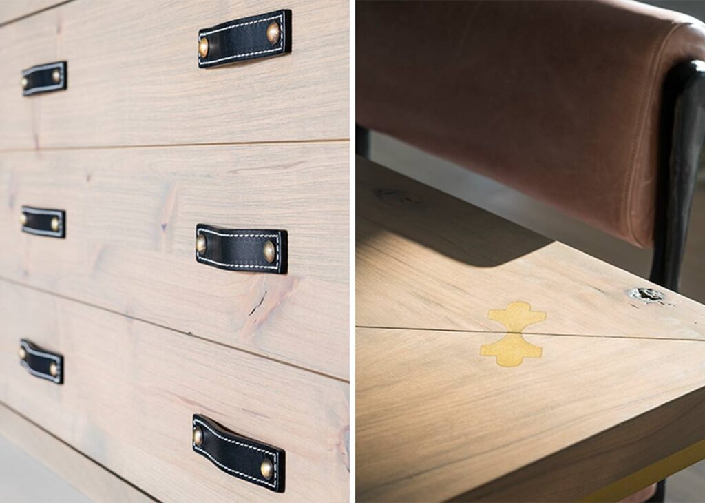 kitchen drawer detail with leather pulls and kitchen counter detail
