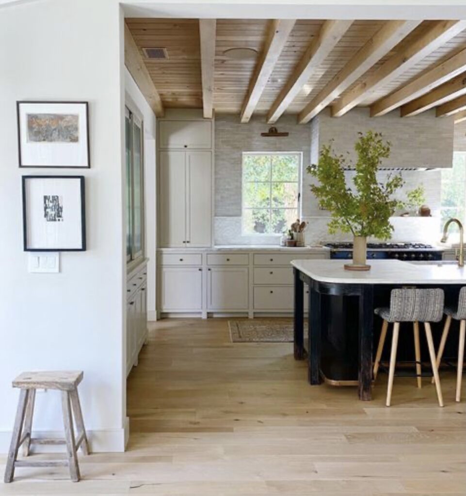 transitional kitchen with wood beams