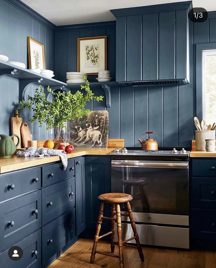 blue paneled kitchen