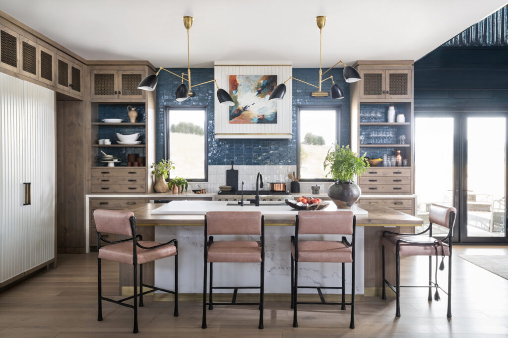 light wood kitchen design with blue details