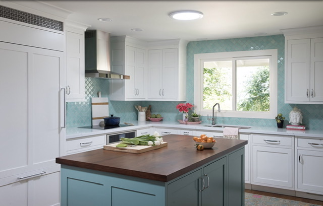 light blue and white kitchen
