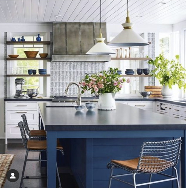 blue and white kitchen with open shelves