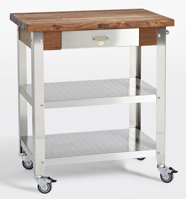 stainless steel and wood rolling kitchen cart