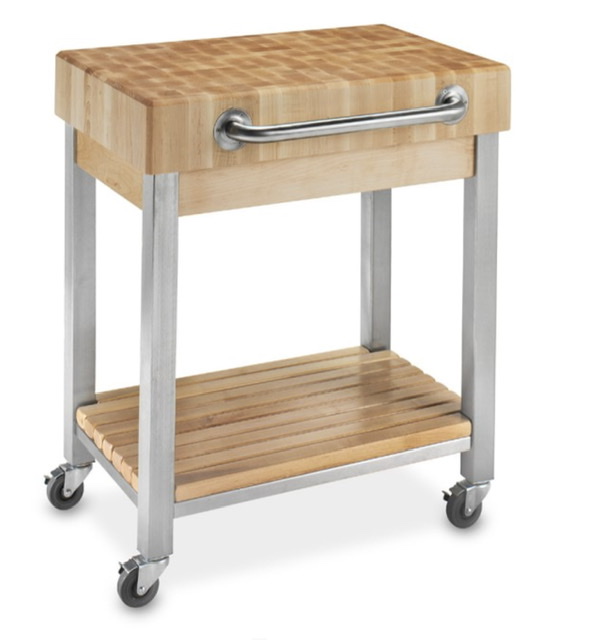 butcher block and stainless steel rolling kitchen cart