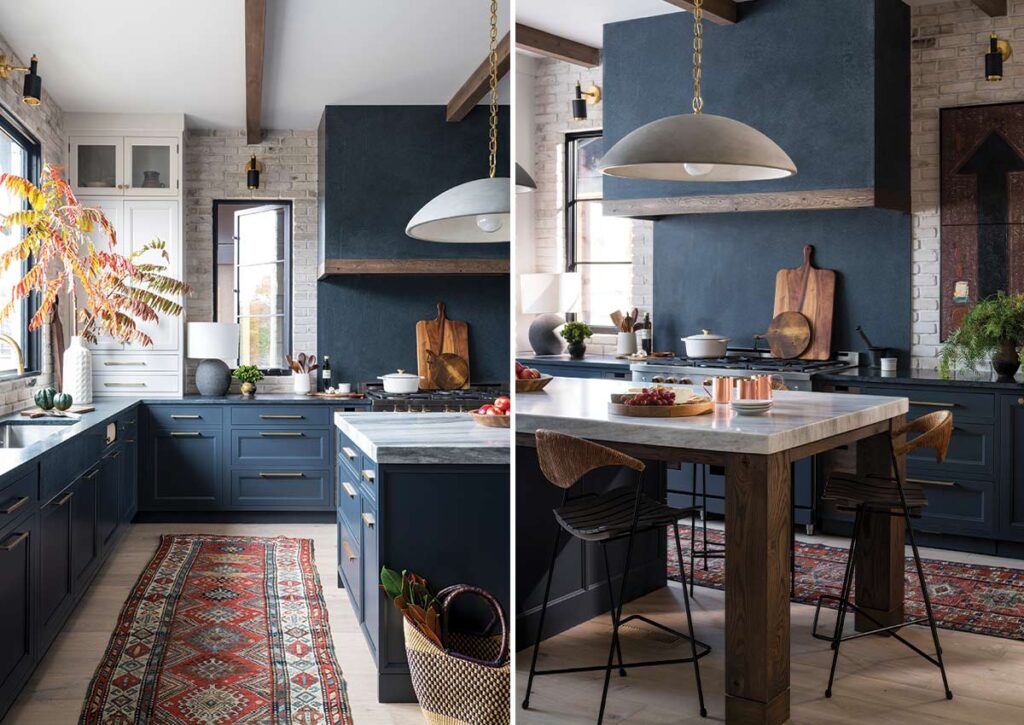 blue kitchen with island and eat in area