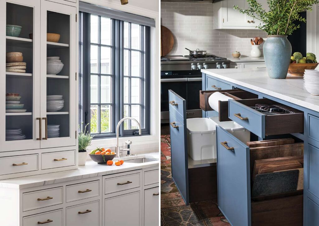 blue and white kitchen cabinets and pull out drawers