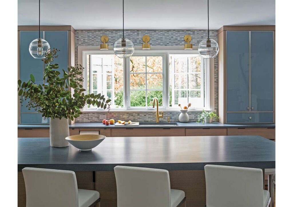 light blue and wood kitchen with island