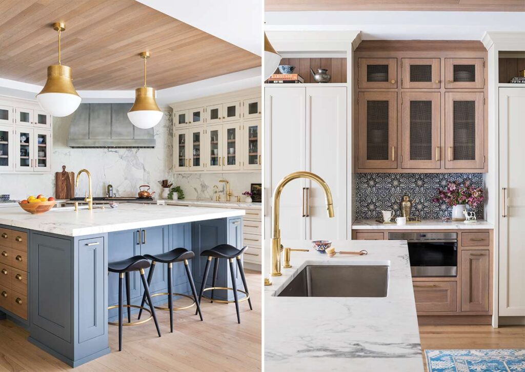 wood blue and white kitchen with island and hood