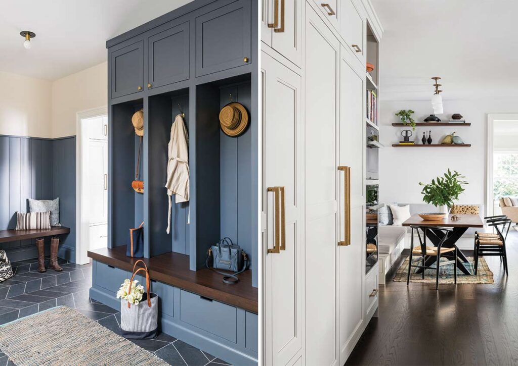 blue mudroom and white kitchen