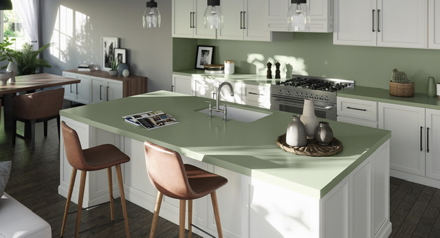 white kitchen with green countertops