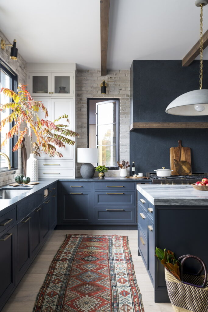 blue and white rustic kitchen