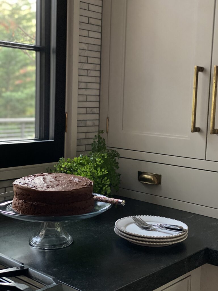 chocolate cake on platter