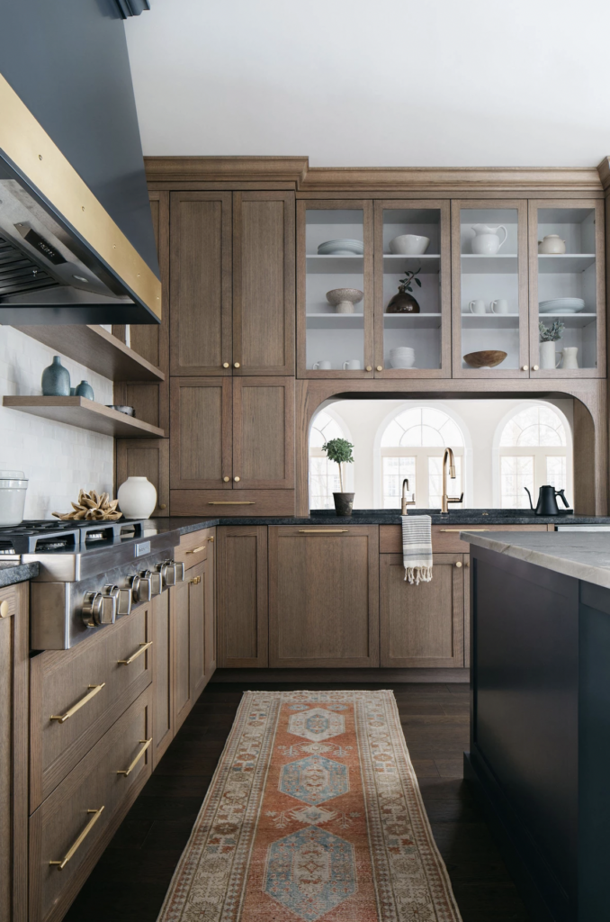 wood kitchen cabinets and range