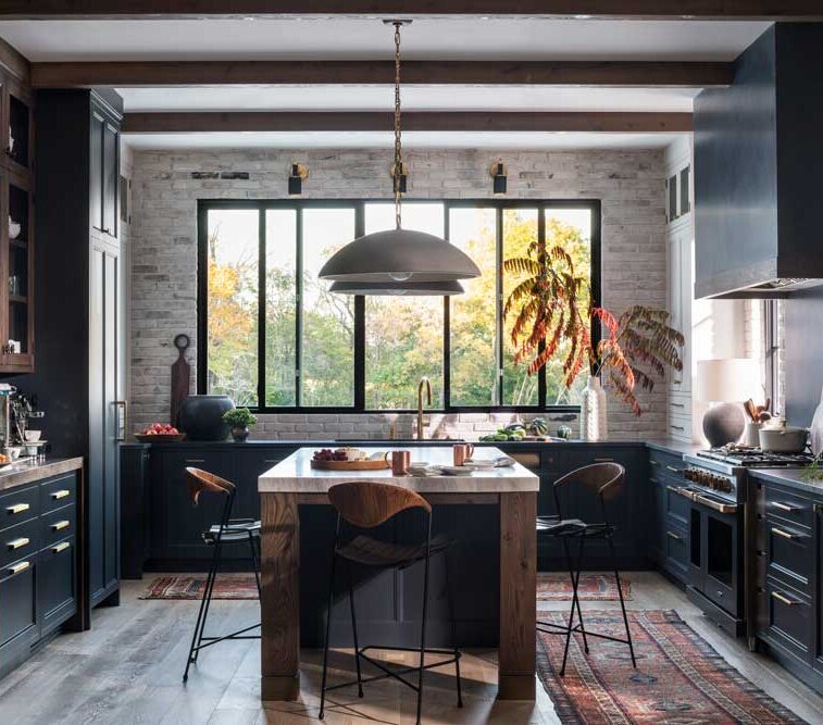 wood and dark blue kitchen