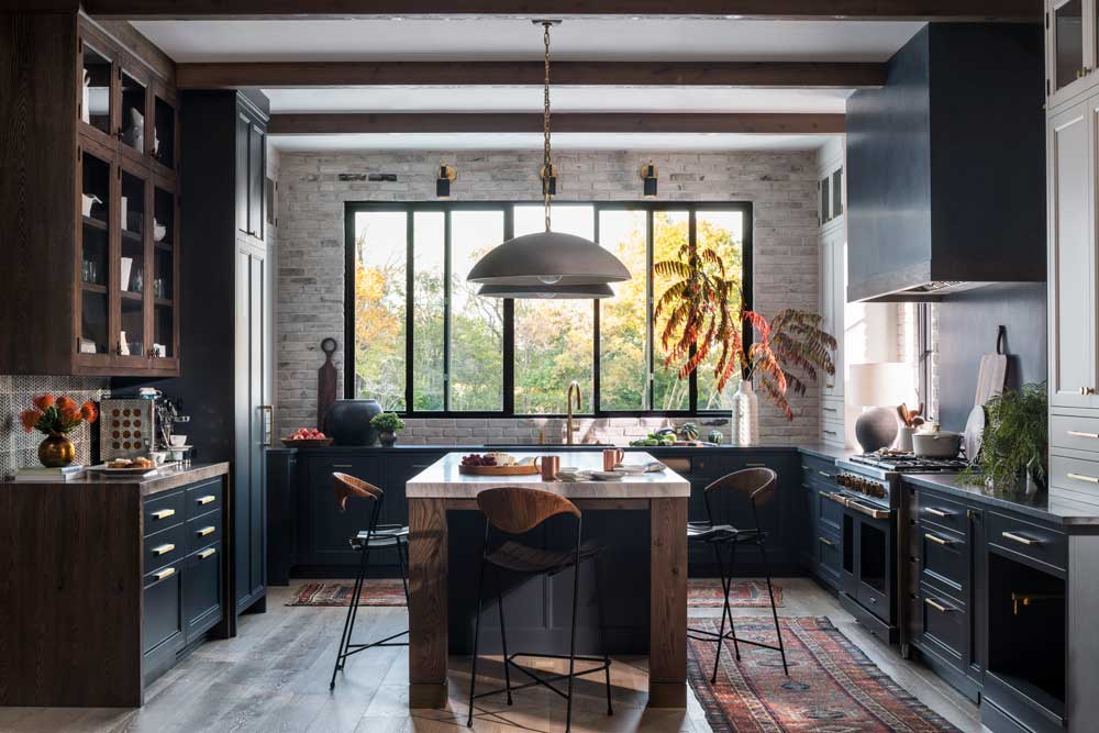 wood and dark blue kitchen